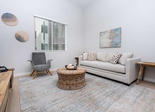 A living room with a grey chair, a white couch, and a woven coffee table.