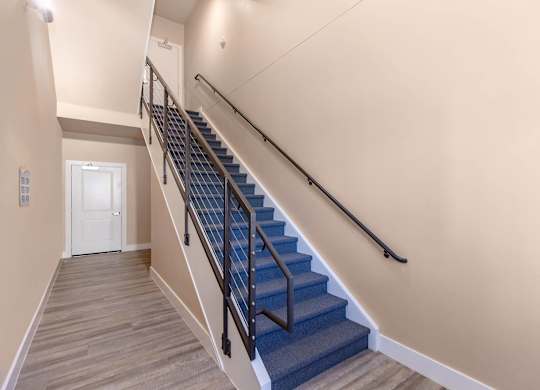 A staircase with a blue carpeted runner and wooden steps.