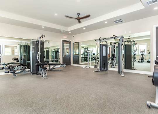 A spacious gym with a variety of equipment including treadmills, weights, and a television.
