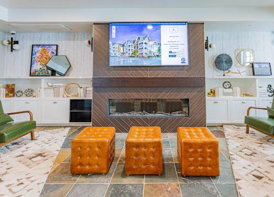 resident lounge with HD tv and fireplace at Bayswater Apartments, Burlingame, 94010
