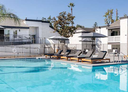 A pool with chairs and umbrellas in front of a white house at Verandas Apartments, California, 91791