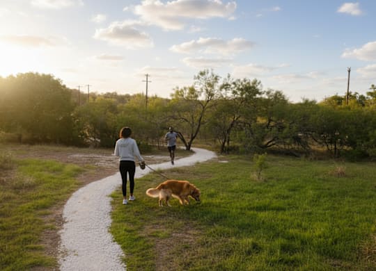 A woman walking her dog on a path in a park.