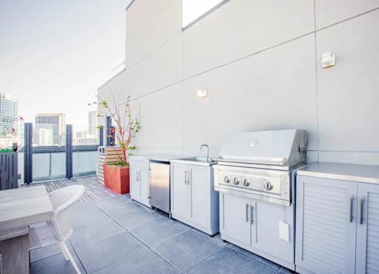 A white outdoor kitchen with a grill and sink.at The Rise, San Francisco, 94103  