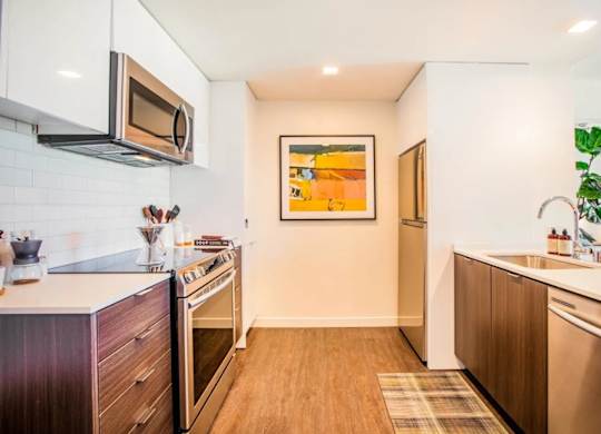 A kitchen with a modern design featuring a stainless steel oven and microwave.at The Rise, California, 94103
