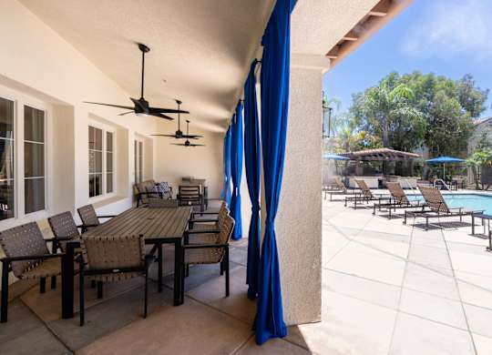 A patio with a table and chairs and a pool in the background.