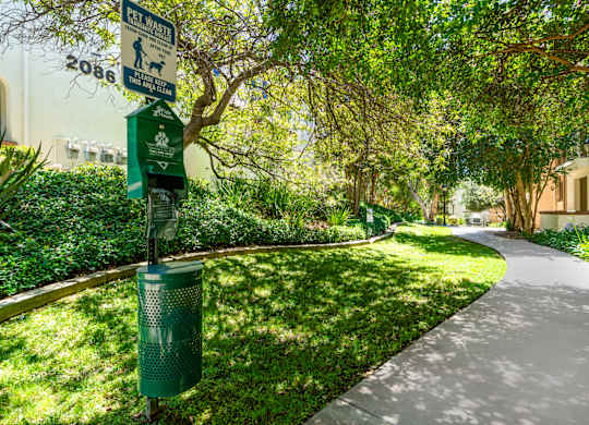 A sign on a pole in a park indicates a dog walking area.