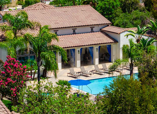 A house with a pool surrounded by greenery.