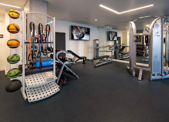 A gym with a variety of equipment including a treadmill, weights, and a bench.