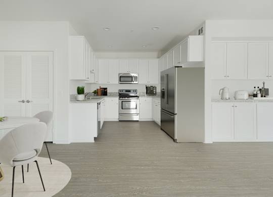A modern kitchen with white cabinets and stainless steel appliances.at 422 South Lake, California  