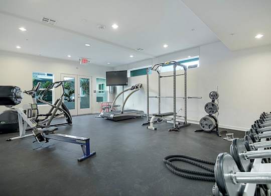 A gym with a variety of equipment including treadmills, weights, and exercise machines.at Grand View Towers, Los Angeles, CA  