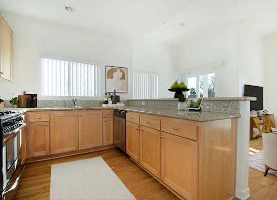 A kitchen with wooden cabinets and a granite countertop.at Grand View Towers, Los Angeles  