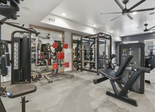 a home gym with weights and equipment at Parkside at Littleton Village, Littleton, 80122