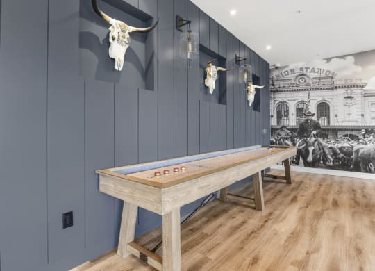 a billiards table in a room with blue walls and skulls on the wall at Parkside at Littleton Village, Colorado