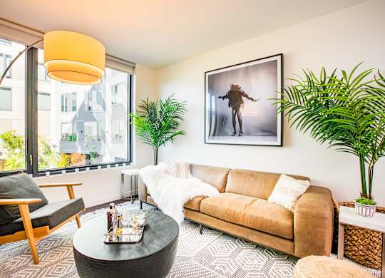 A living room with a brown couch, a coffee table, and a large window.