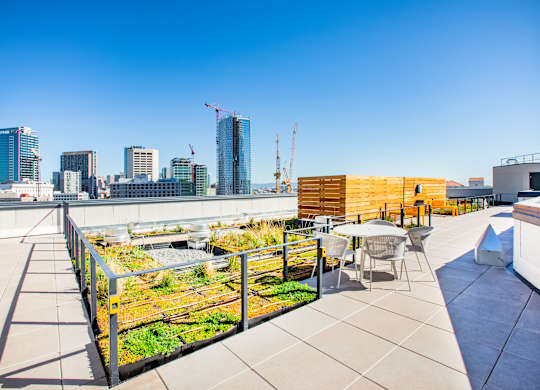 A rooftop patio with a table and chairs overlooking a city skyline.at The Rise, San Francisco, CA 94103  