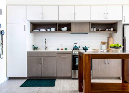 Kitchen with white cabinets and kitchen island