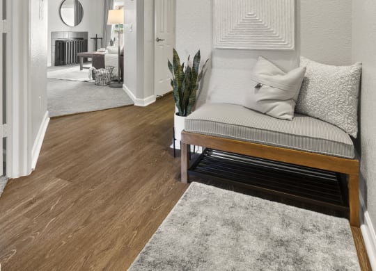 a living room with a couch and a rug at Vaseo Apartments, Phoenix, AZ