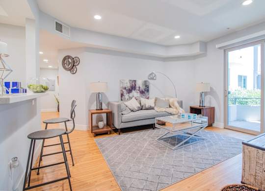 A living room with a grey couch and a grey rug at Woodley Sara Apartment, Van Nuys
