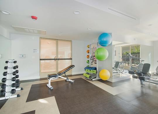 A gym with a variety of equipment including dumbbells, a bench, and a mirror at Woodley Sara Apartment, California, 91406