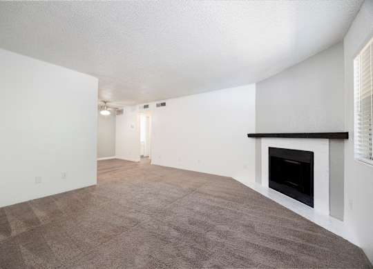 A large, empty room with a fireplace on the right side.