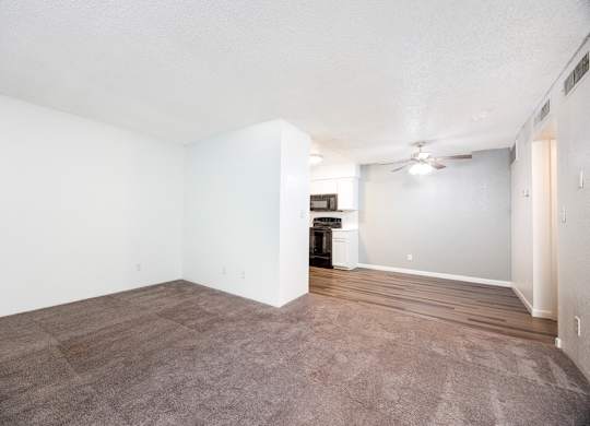A room with a brown carpet and a white ceiling.