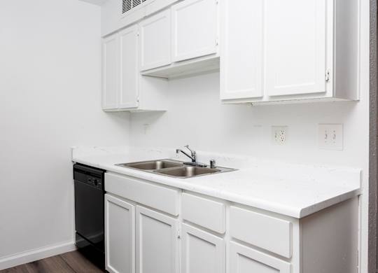 A kitchen with white cabinets and a black dishwasher.