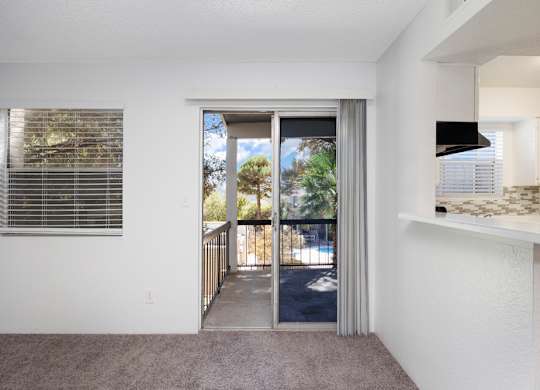 A room with a carpeted floor, a window with blinds, and a sliding glass door leading to a balcony.