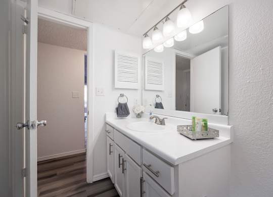 A bathroom with a white counter and a mirror above it.