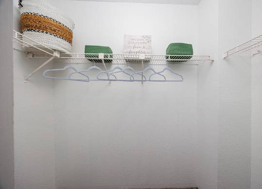 A white shelf with three hangers and two green objects.
