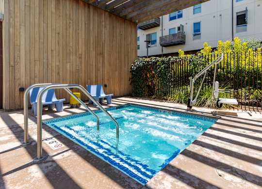 A small pool with a blue tiled edge and a metal ladder.