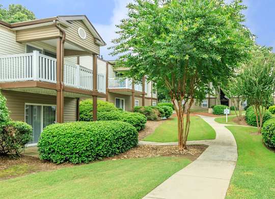 A tree in a grassy area in front of a building.