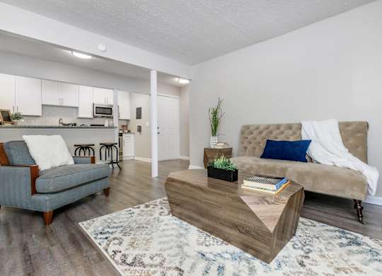 A modern living room with a grey sofa, a wooden coffee table, and a kitchen area in the background.