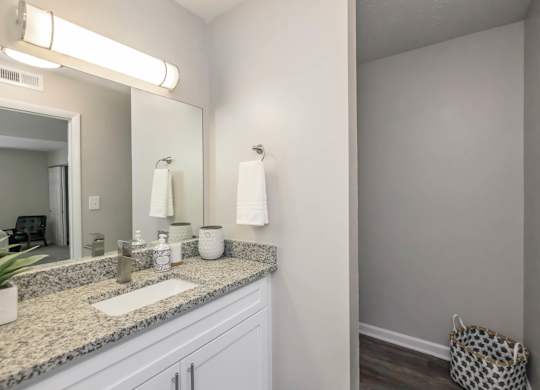A bathroom with a granite countertop and a large mirror.