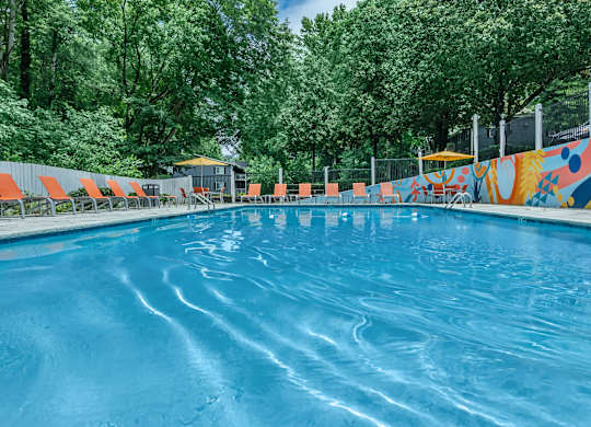A swimming pool with a mural on the side at Crest at East Cobb Apartments, Georgia, 30062