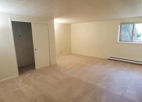 A room with a carpeted floor, a door, and a window.