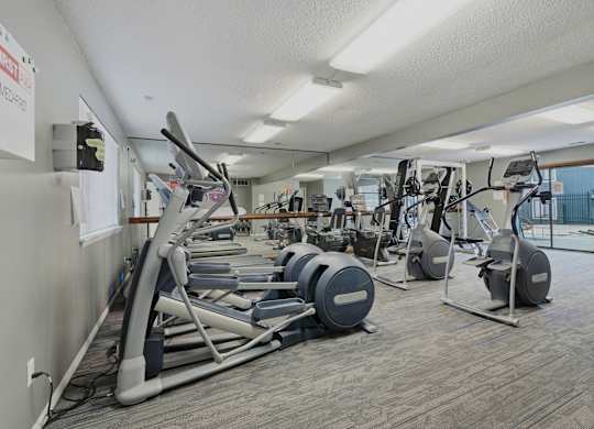 A gym with a variety of exercise equipment including treadmills, stationary bikes, and weight machines.
