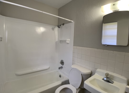 Full bathroom with tub, toilet and vanity