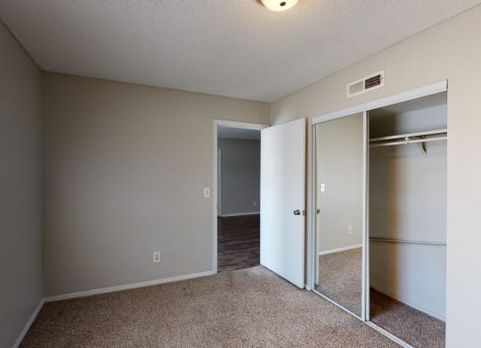 Carpeted bedroom with mirrored sliding closet doors