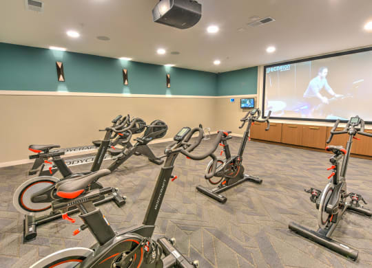 a gym with exercise bikes and a screen on the wall  at Pinnacle Apartments, Jacksonville, 32256