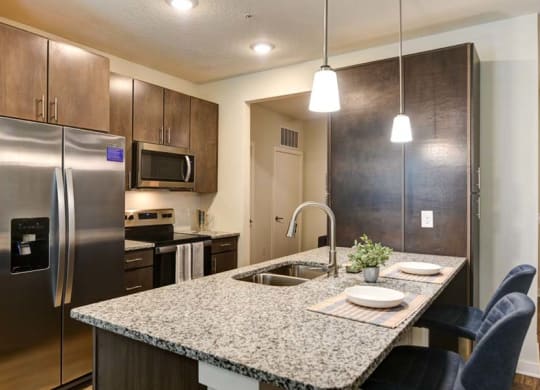 a kitchen with a sink a stove and a refrigerator  at Fusion, Florida