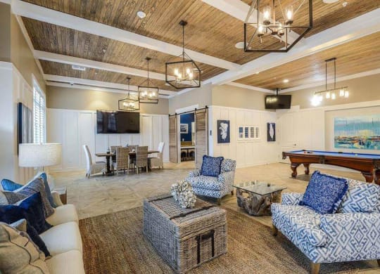 a living room filled with furniture and a pool table  at Palm Bay Club, Florida, 32258