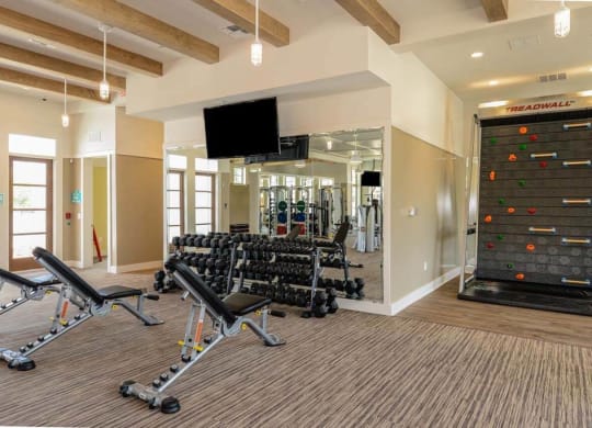 a spacious fitness center with cardio equipment and a large screen tv  at Palm Bay Club, Florida