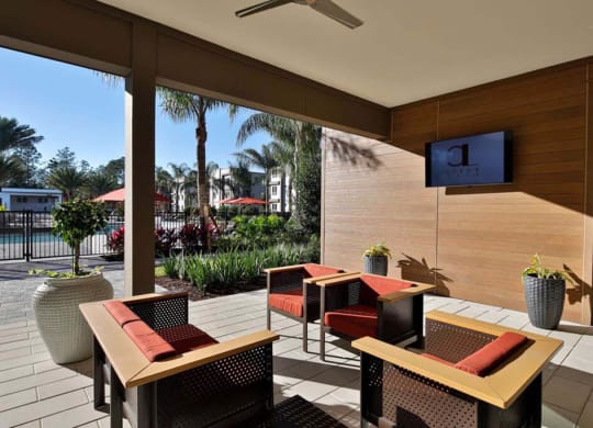 a patio with chairs and a tv  at Luxor Club, Jacksonville, FL