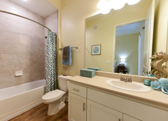 a bathroom with a white sink and toilet next to a bathtub with a shower curtain andat Palm Bay Club, Florida