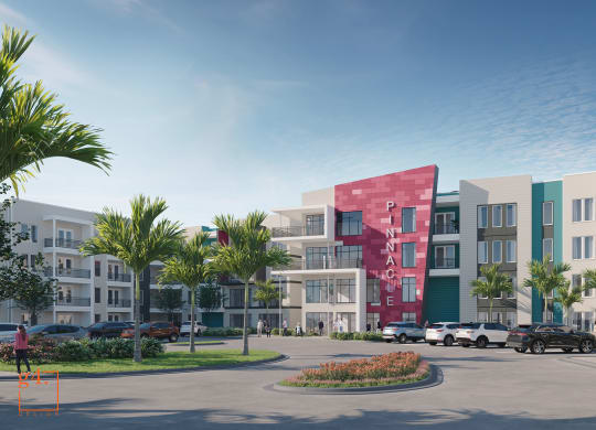 a rendering of an apartment building with a red facade on a street  at Pinnacle, Jacksonville, FL, 32256