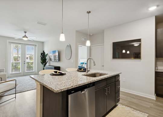 A modern kitchen with a granite countertop and stainless steel appliancesat Pinnacle Apartments, Jacksonville, FL