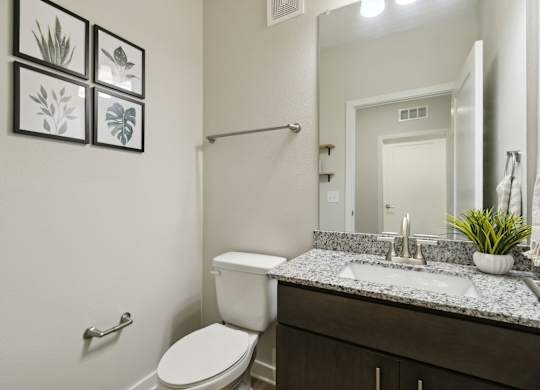 A bathroom with a toilet, sink, and mirrorat Pinnacle Apartments, Jacksonville, FL