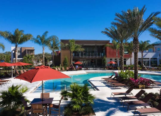 a resort style pool with chaise lounge chairs and palm trees  at Luxor Club, Florida, 32258