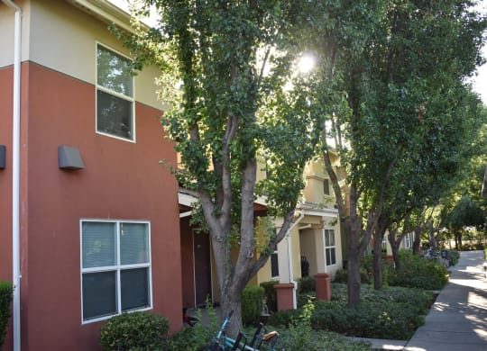 Tremont Green Mutual Housing Community unit exterior, trees, sidewalks