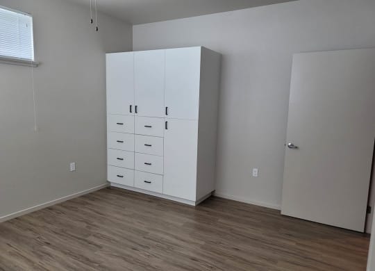 White built in cabinets/wardrobe in bedroom with wood floors and high window